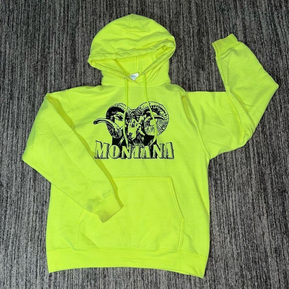 Mens Medium “Montana” Big Ram Graphic Hoodie Sweatshirt Neon Green Safety